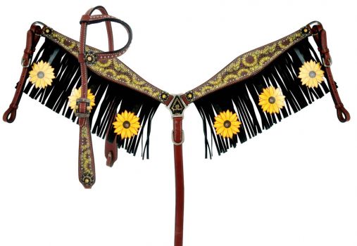 Showman Sunflower print one ear headstall and breast collar set